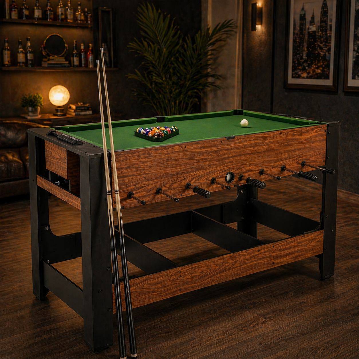 2-in-1 Full Size Foosball and Pool Combo Table with Legs-Black & Brown