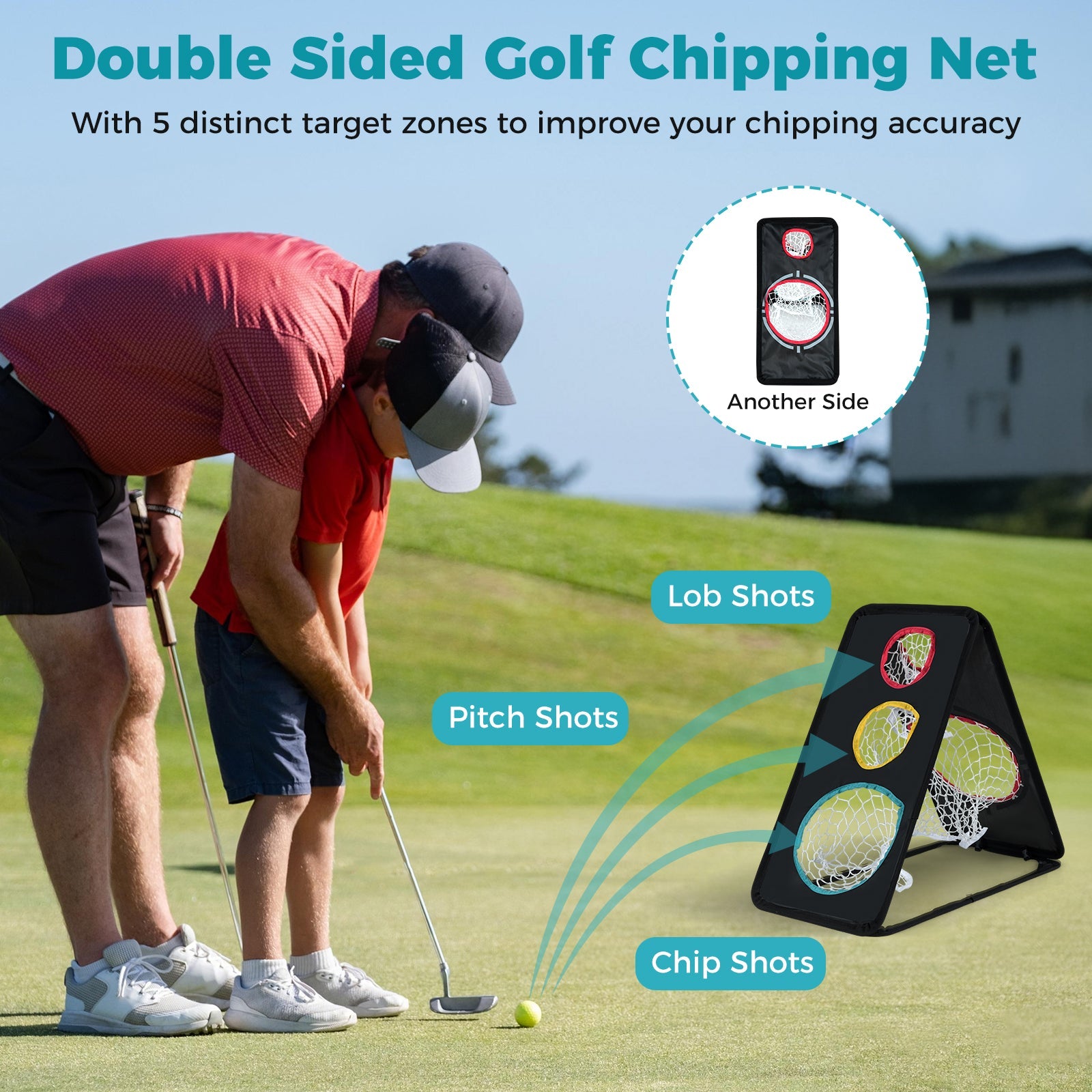 Dual-Sided Golf Chipping Net Triple Target Training System with 5 Target Holes
