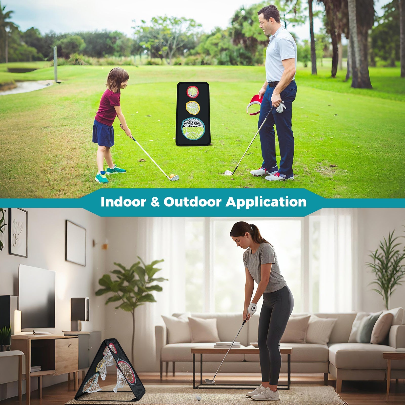 Dual-Sided Golf Chipping Net Triple Target Training System with 5 Target Holes