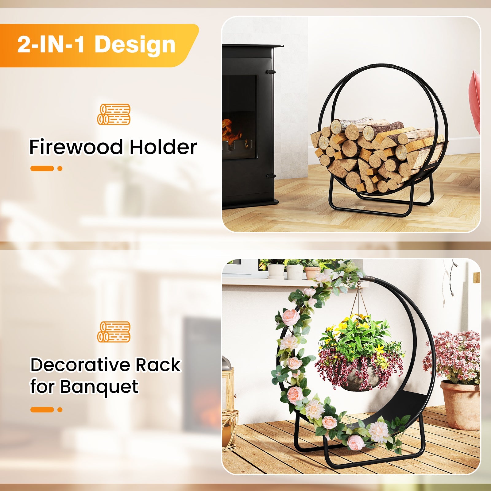 Firewood Log Hoop 20 Inch Round Heavy-duty Metal Curved Log Rack with Stand
