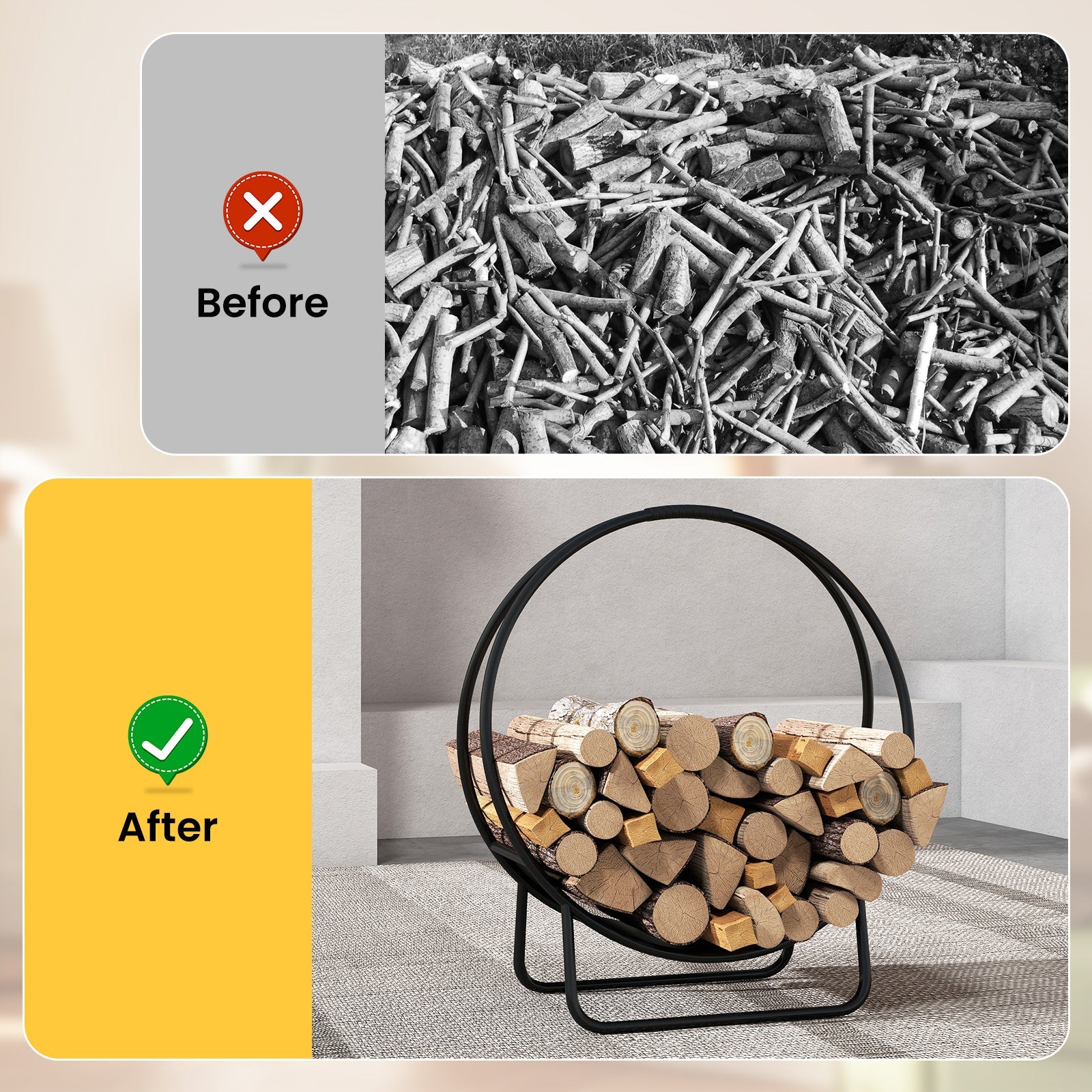 Firewood Log Hoop 20 Inch Round Heavy-duty Metal Curved Log Rack with Stand