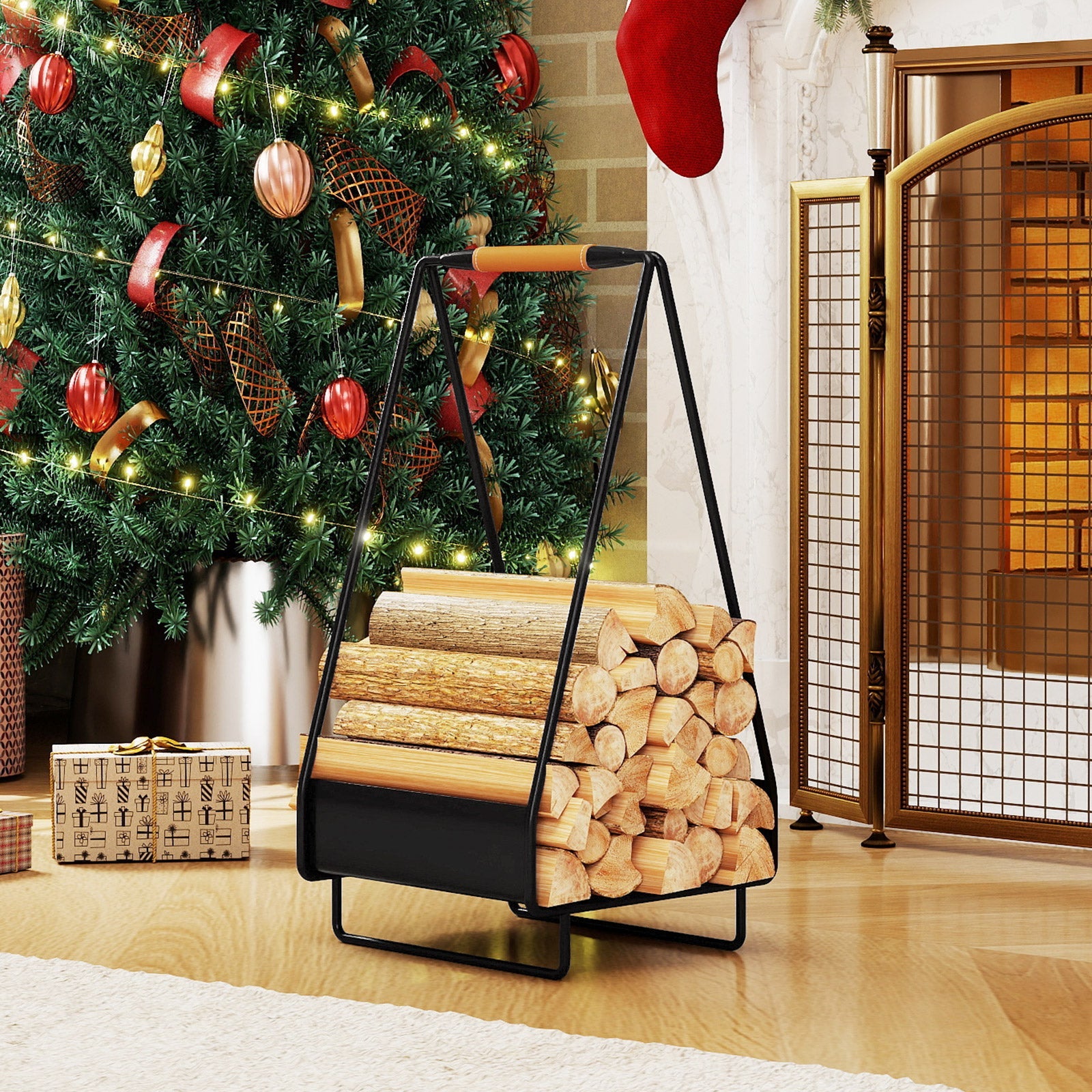 Firewood Storage Rack Heavy-duty Metal Log Holder with Handle and Square Rack