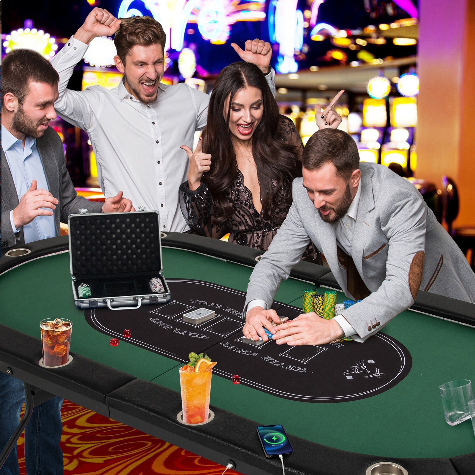 Foldable 10-Player Poker Table with LED Lights and USB Ports Ideal for Texas Casino