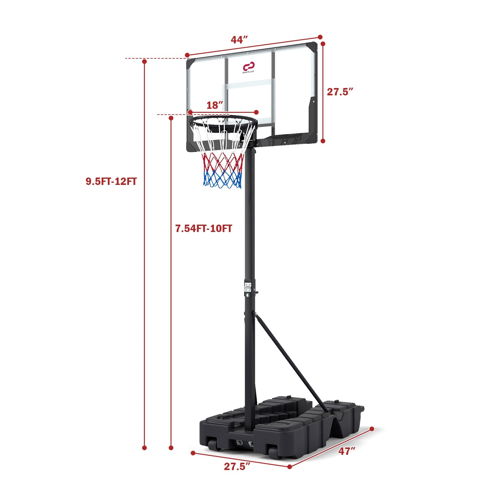 Foldable Basketball Hoop 7.54-10 ft Stepless Adjustable with PC Backboard