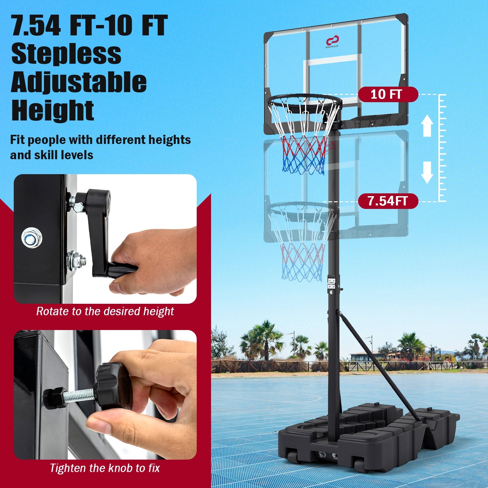 Foldable Basketball Hoop 7.54-10 ft Stepless Adjustable with PC Backboard