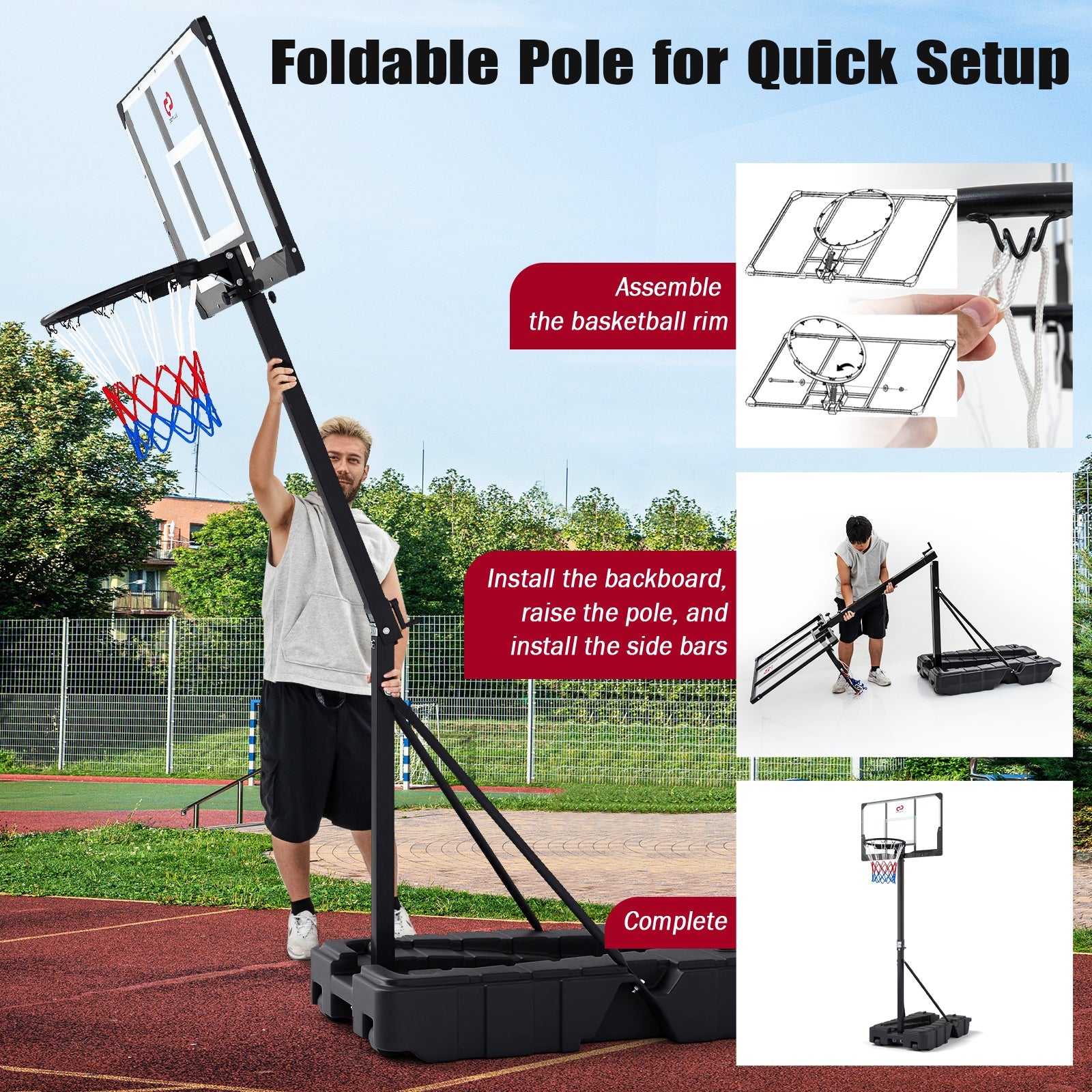 Foldable Basketball Hoop 7.54-10 ft Stepless Adjustable with PC Backboard