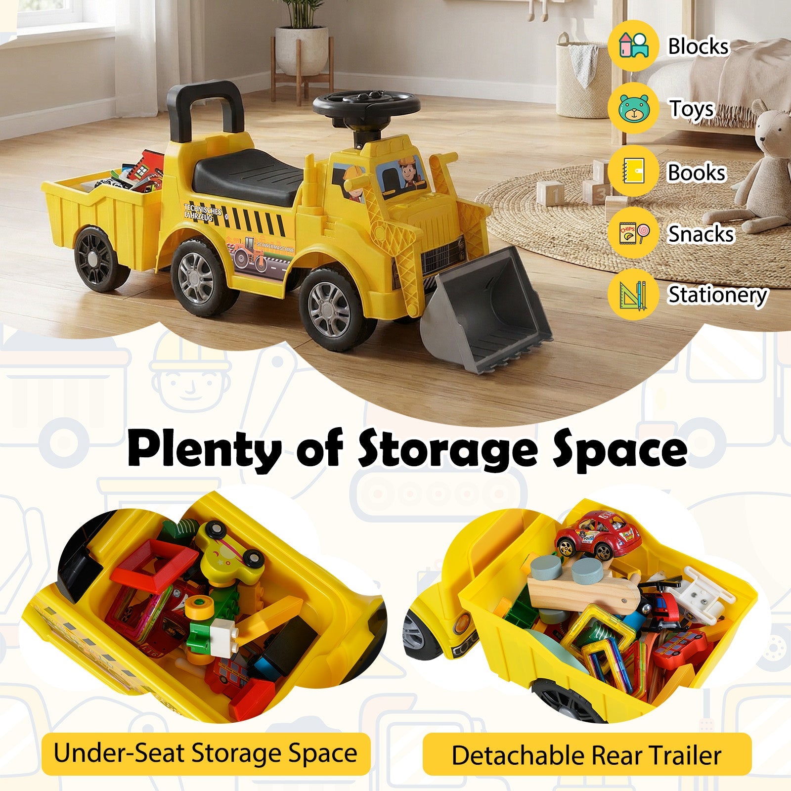 Kids Digger Ride on Truck with Shovel and Under-Seat Compartment