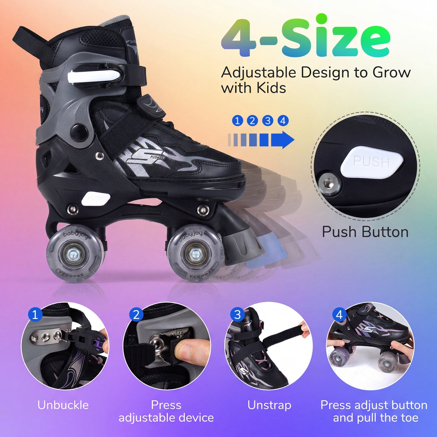 Kids Roller Skates for Girls Boys 4 Sizes Adjustable Quad Skates with Light-up Wheels