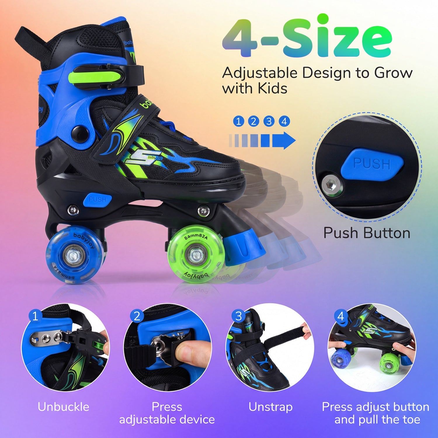 Kids Roller Skates for Girls Boys 4 Sizes Adjustable Quad Skates with Light-up Wheels