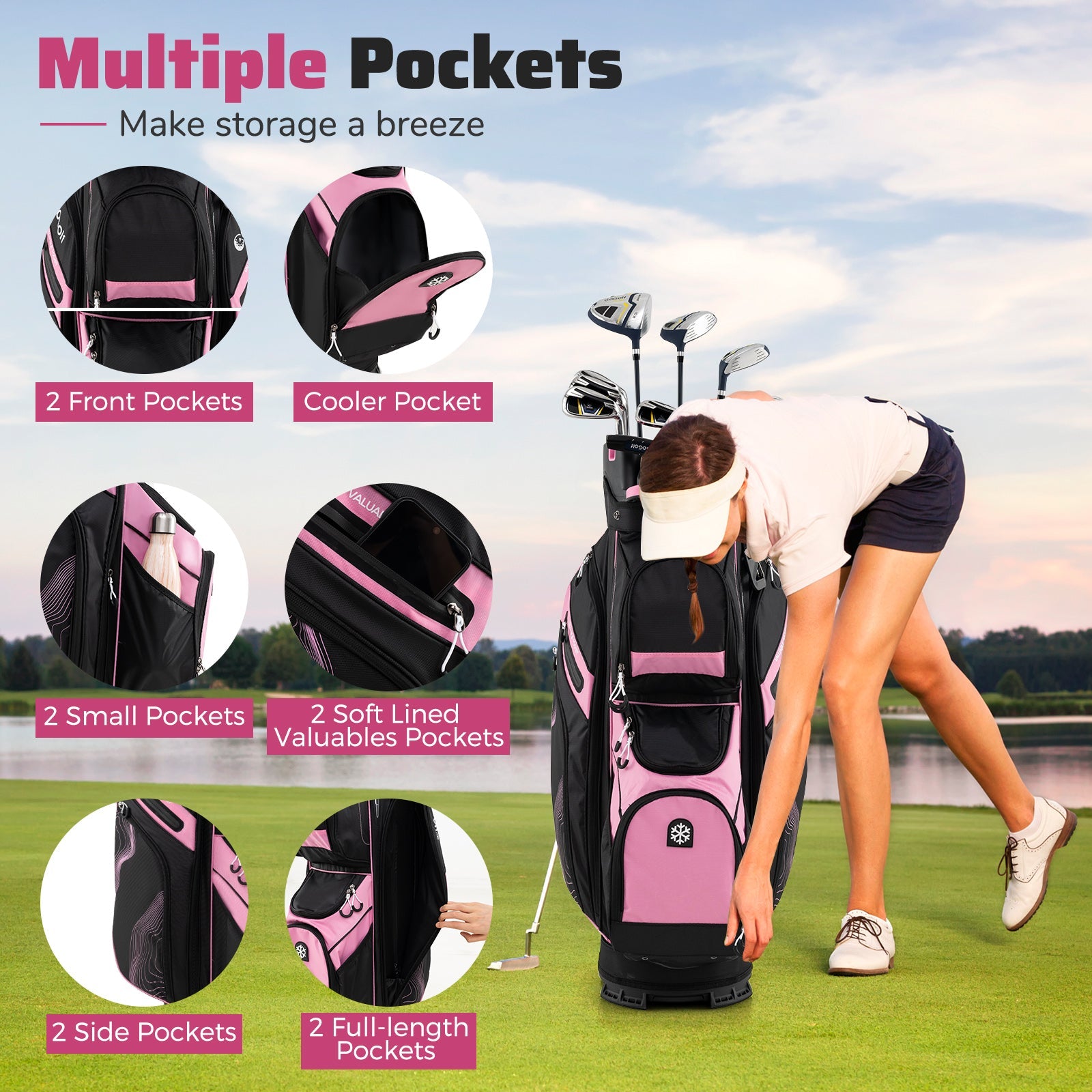 Molded Lock Top Golf Cart Bag with 14-Way Full Length Dividers and 11 Pockets