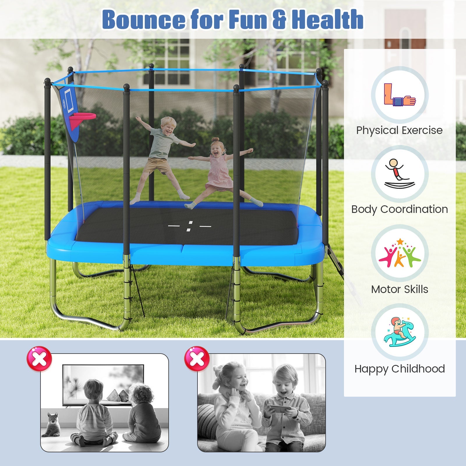 Rectangle Outdoor Trampoline 10 x 8 FT Heavy-Duty Trampoline with Basketball Hoop