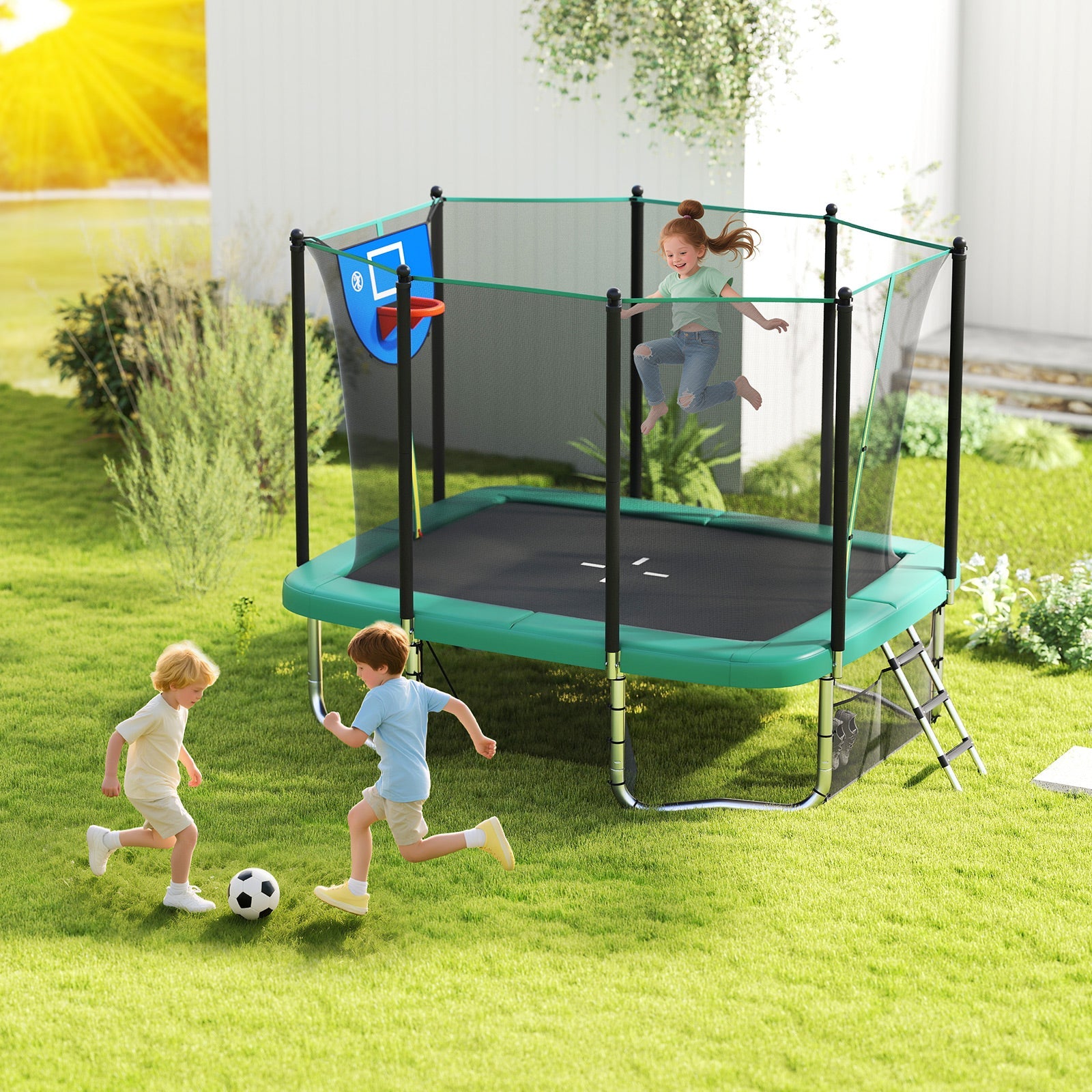 Rectangle Outdoor Trampoline 10 x 8 FT Heavy-Duty Trampoline with Basketball Hoop
