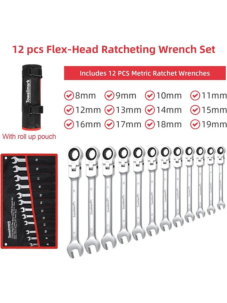 12-Piece Flex-Head Wrench Set, Ratcheting Combination Set, Metric 8-19mm