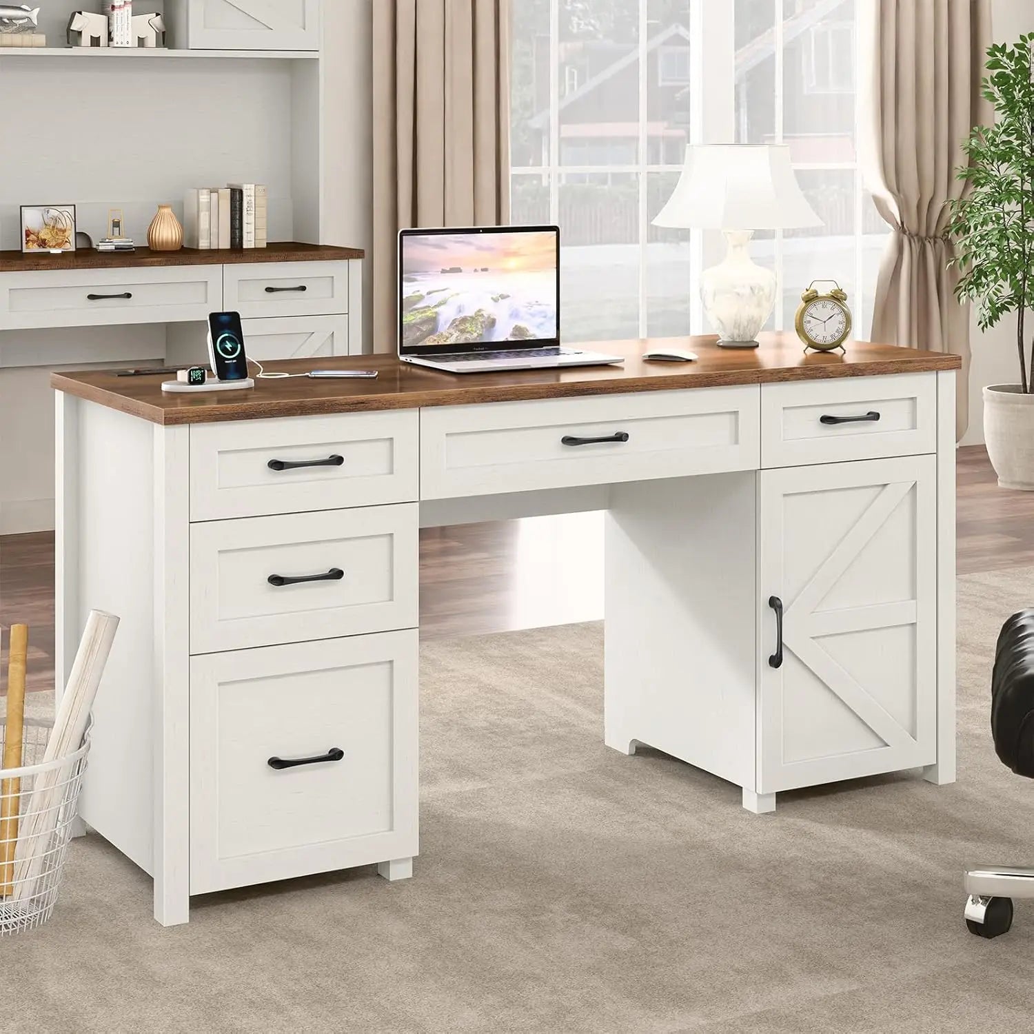 47" Farmhouse Computer Desk with Drawers and Storage Cabinet for Home Office