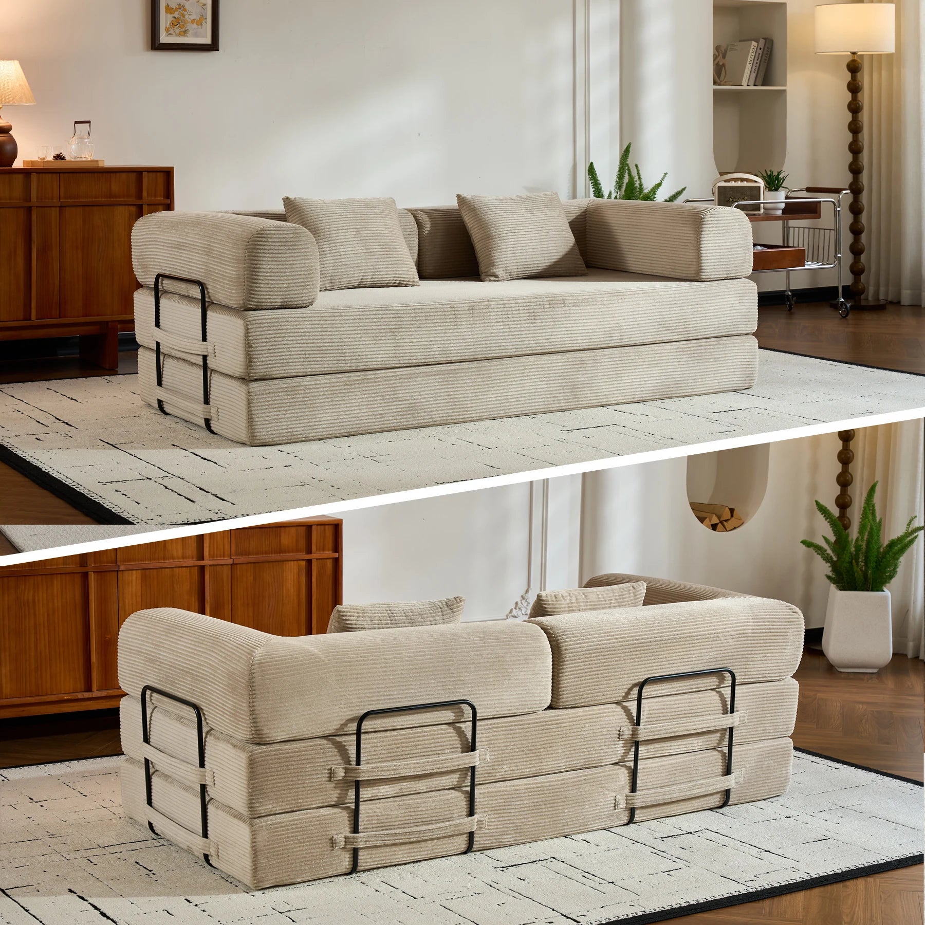 Folding Convertible Sofa Bed, Oversized Corduroy Futon Floor Couch, Boneless Loveseat for Small Spaces