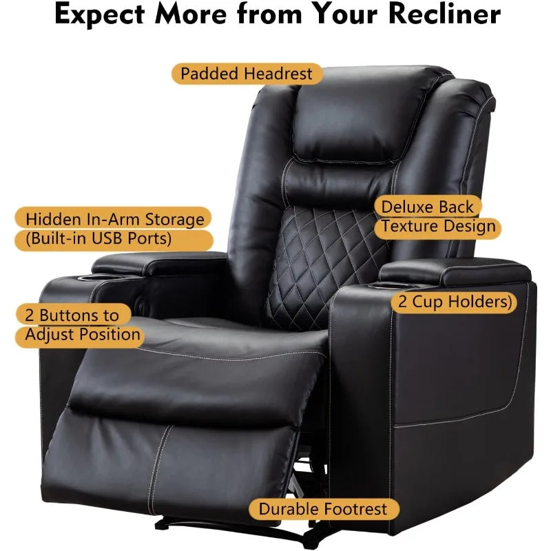 Electric Power Recliner Chair with USB Ports and Cup Holders, Breathable Leather Home Theater Seating