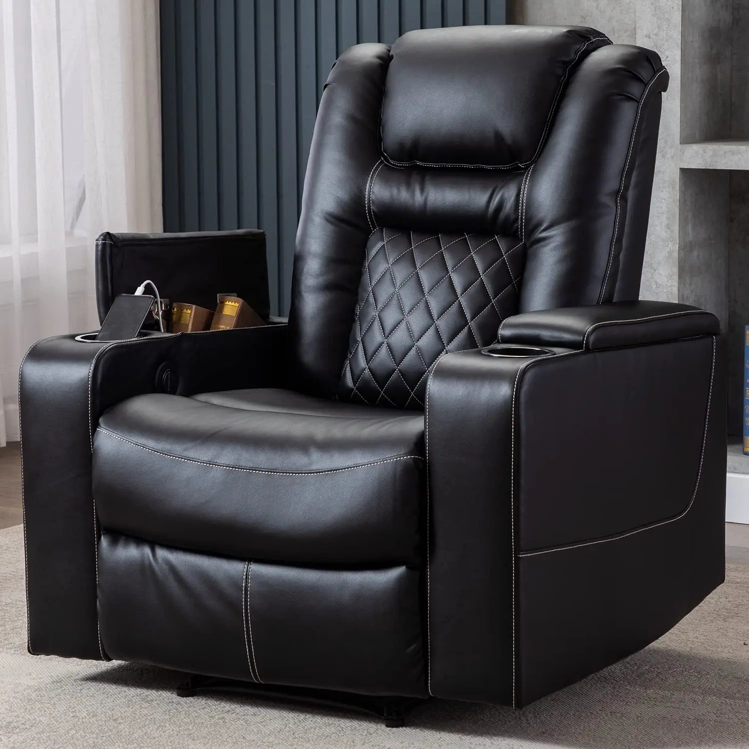 Electric Power Recliner Chair with USB Ports and Cup Holders, Breathable Leather Home Theater Seating
