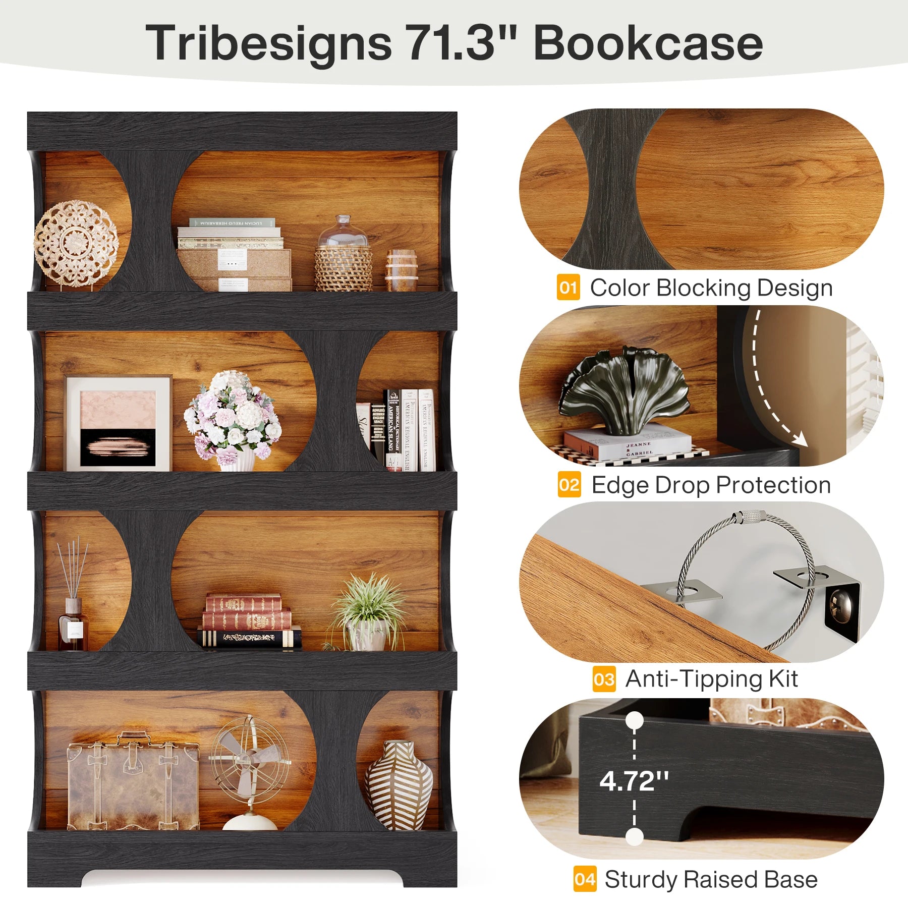Tribesigns 71" Tall S-Shaped 4-Tier Bookcase