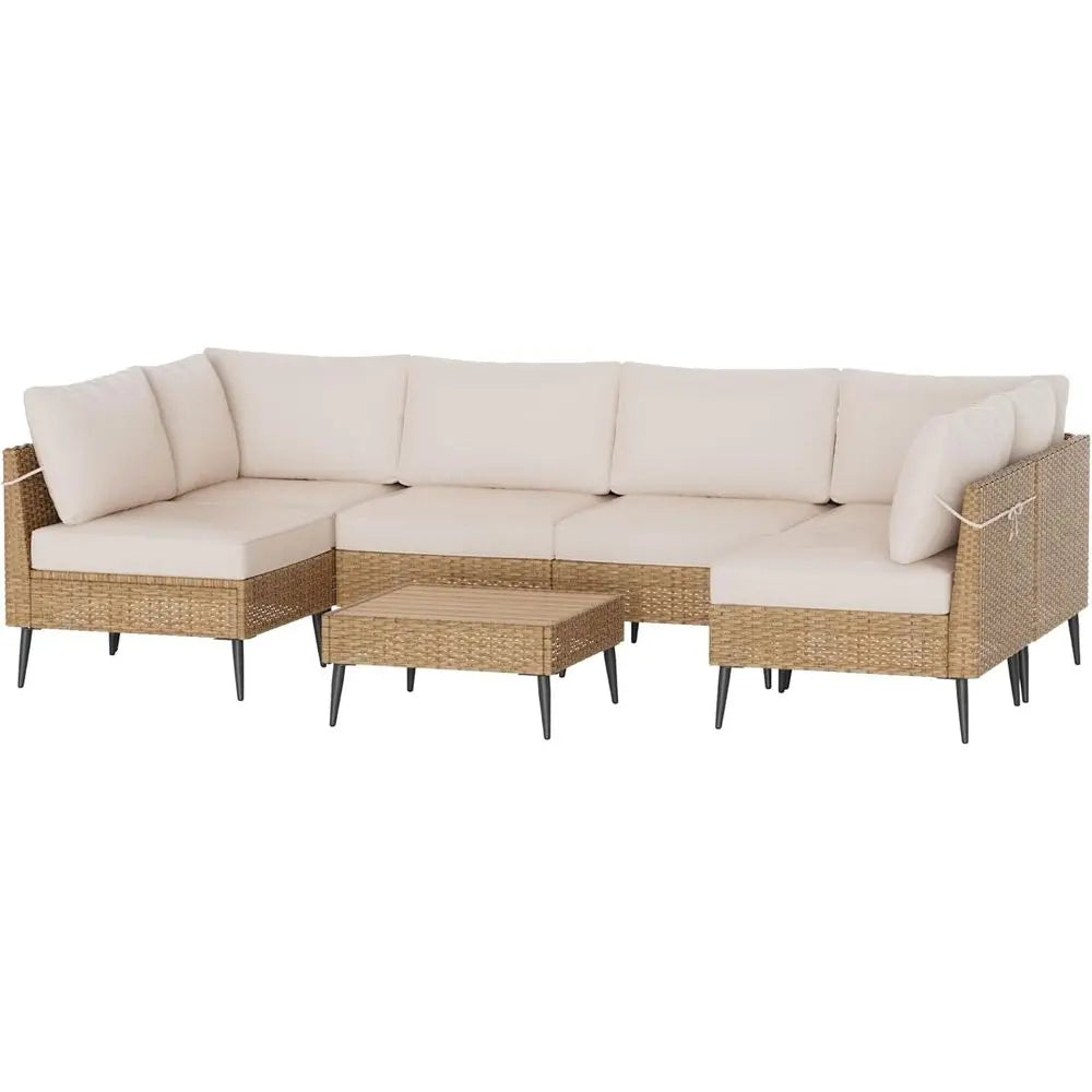 Luxury 7-Piece PE Rattan Patio Sectional Set – All-Weather Outdoor Furniture with Matching Table & Plush Cushions