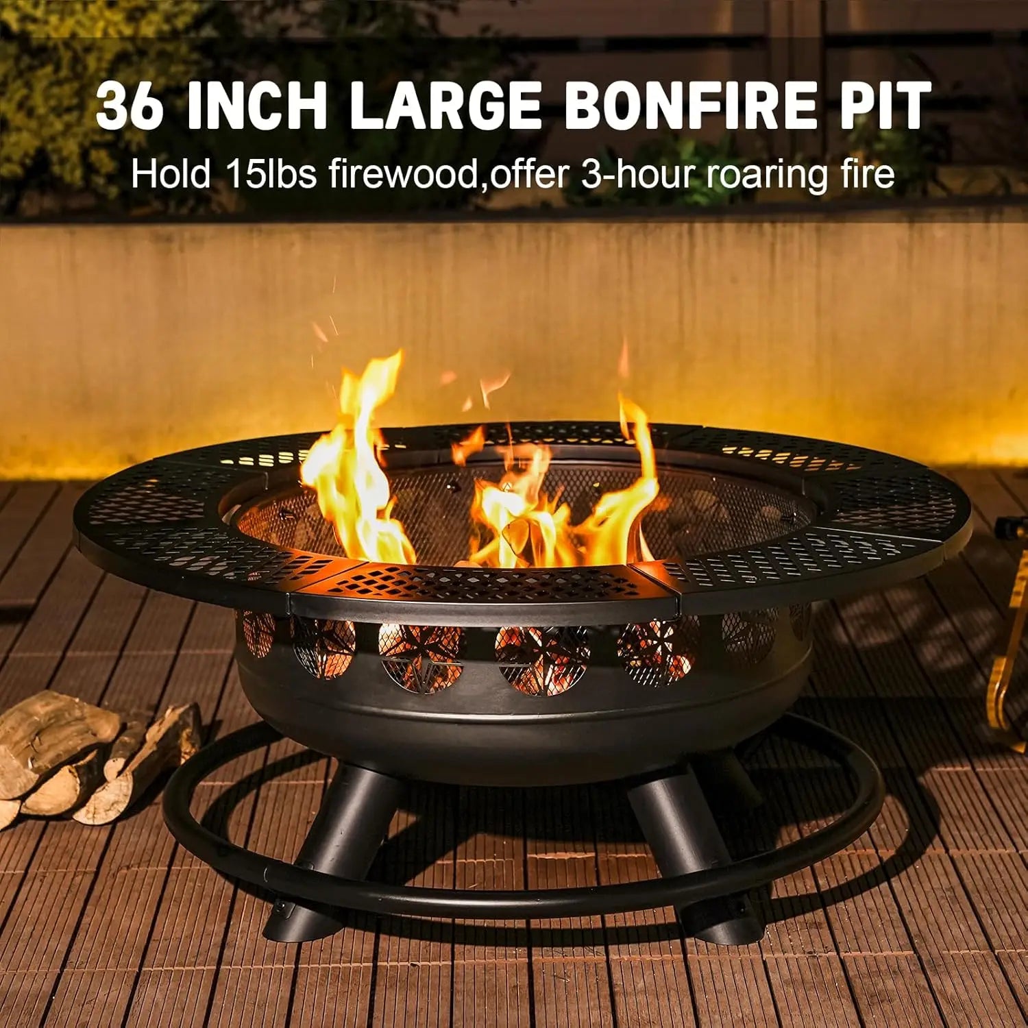 36-Inch Outdoor Wood Burning Fire Pit with 2 Adjustable BBQ Cooking Grills, Heavy Duty 3-in-1 Patio Firepit Table with Mesh Lid