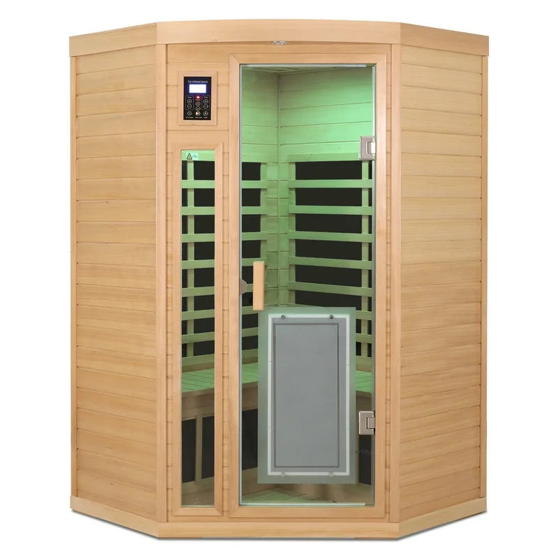 Low EMF Hemlock Wood Far-Infrared Two-Person Sauna Corner-Fit Design