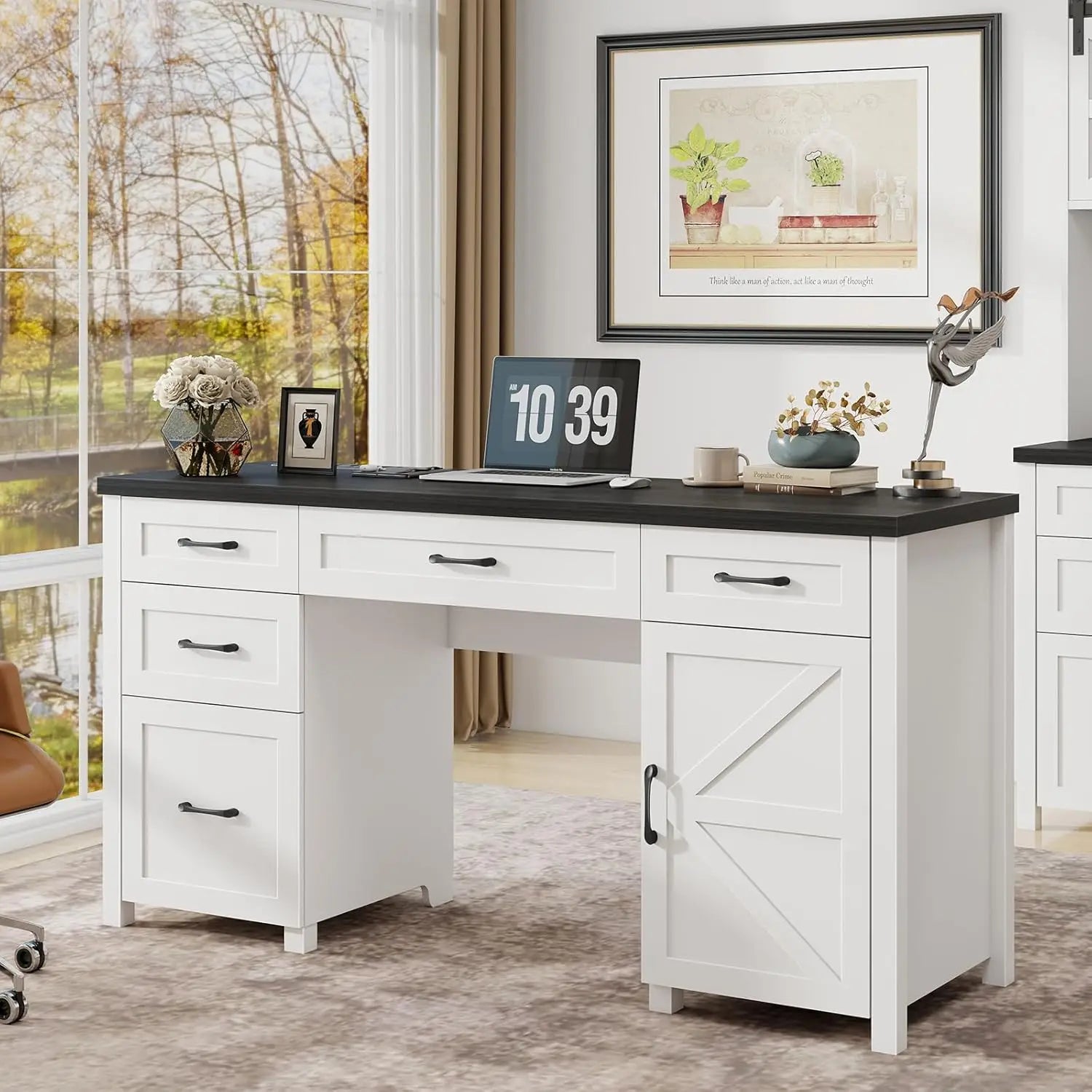47" Farmhouse Computer Desk with Drawers and Storage Cabinet for Home Office
