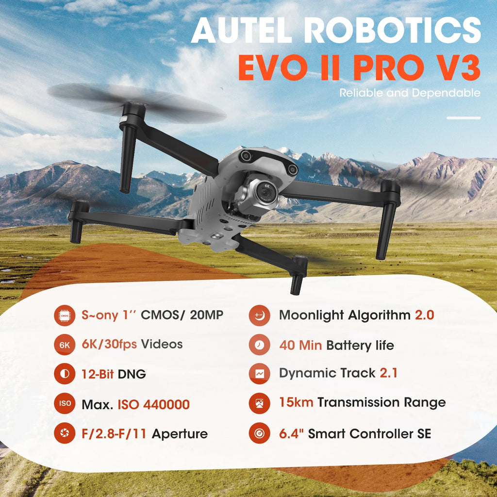 Autel Robotics EVO 2 PRO V3 Drone 1"CMOS 12-Bit 6K HDR Video Moonlight Algorithm 2.0 40 Minutes 15KM Transmission AI Recognition