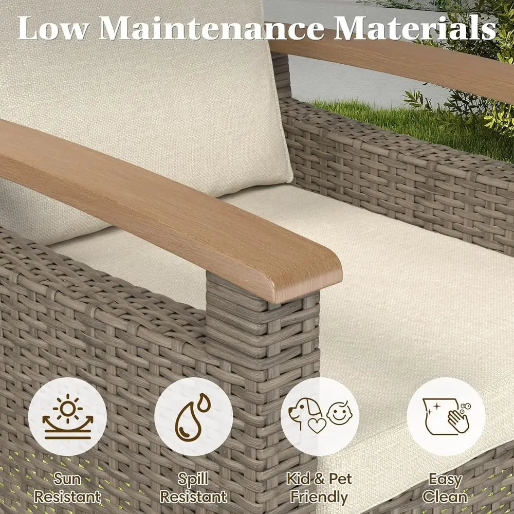 Wicker Patio Furniture Set with Swivel Glider, Loveseat Sofa, 2 Ottomans, Side and Coffee Tables