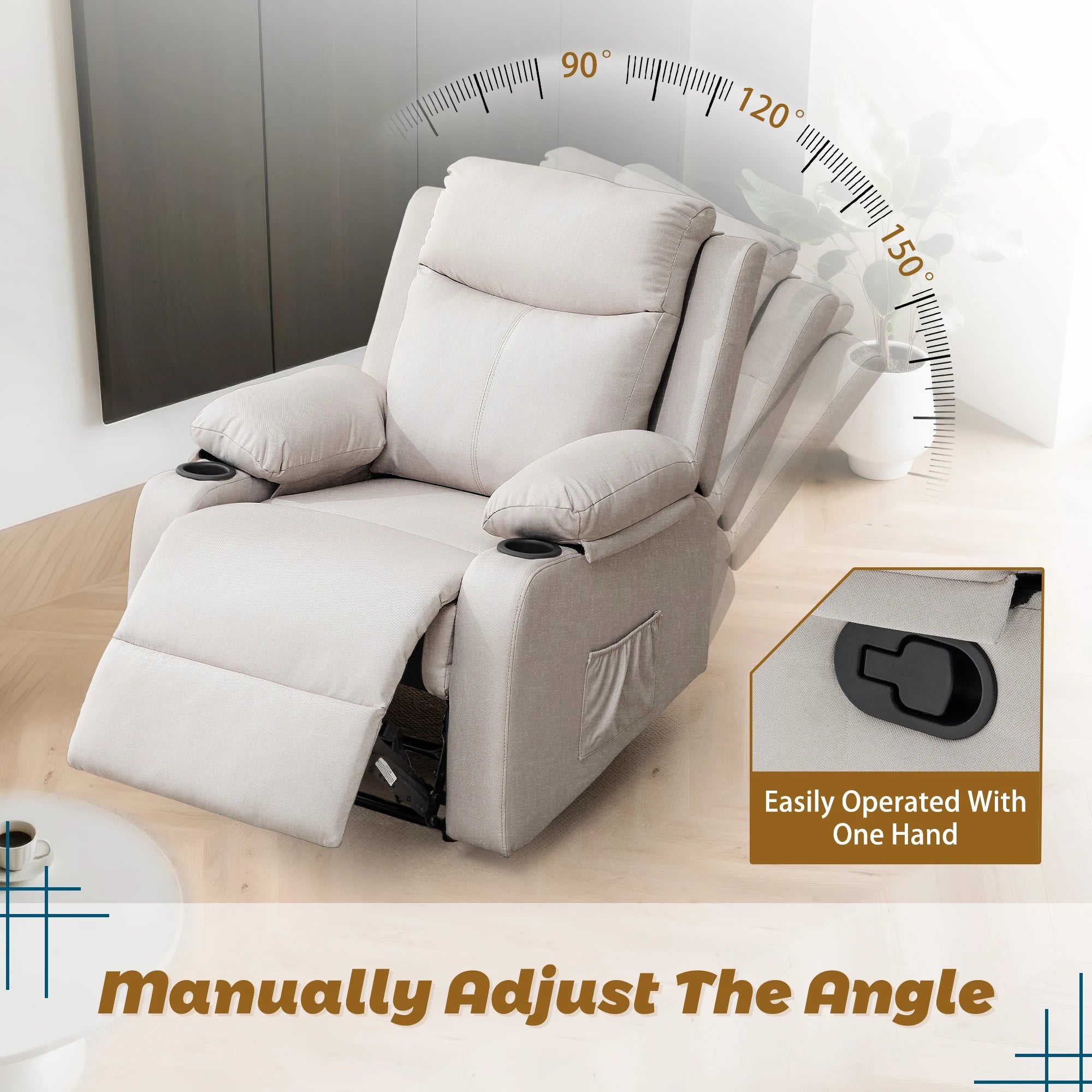 Small Recliners for Small Spaces, Reclining Manual Chair with Cup Holders and Side Pockets