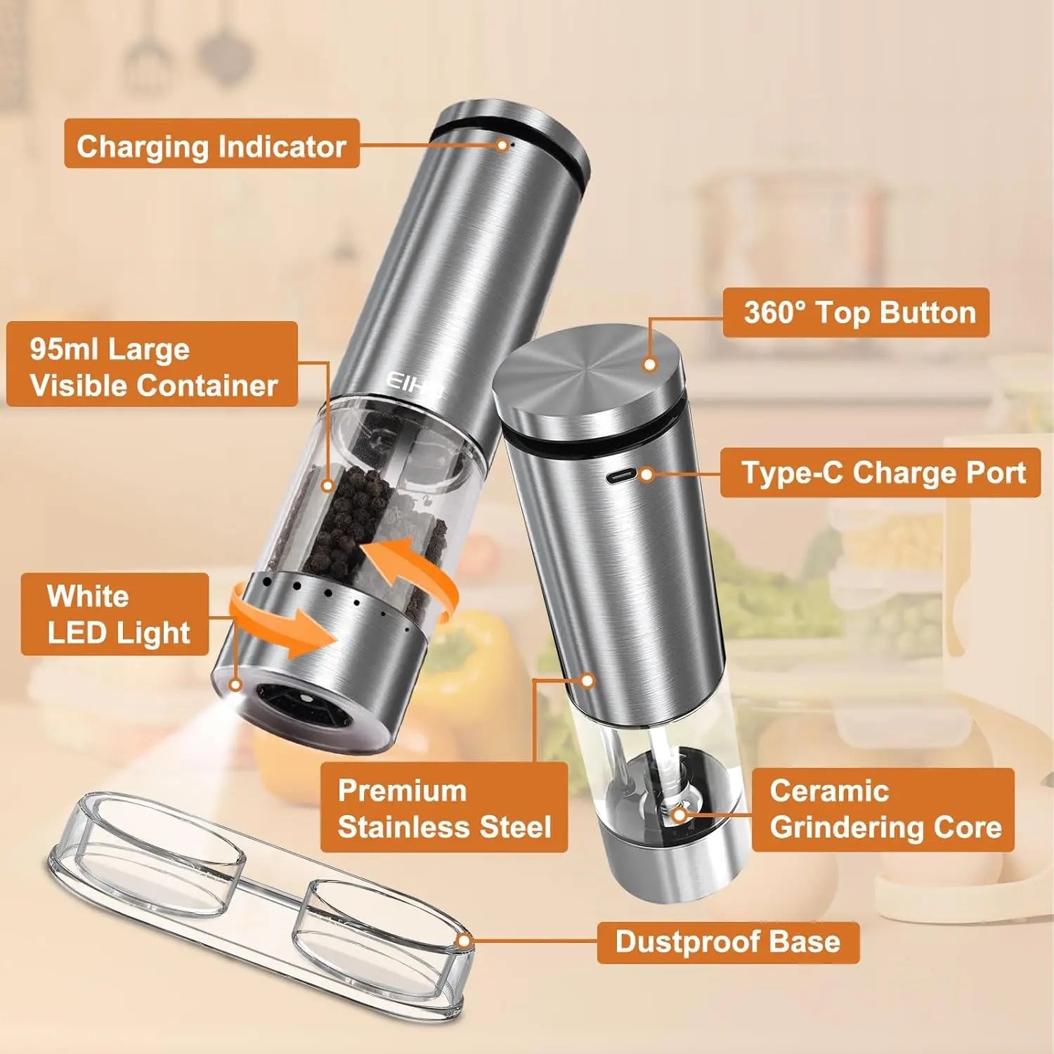 Rechargeable Electric Salt and Pepper Grinder Set