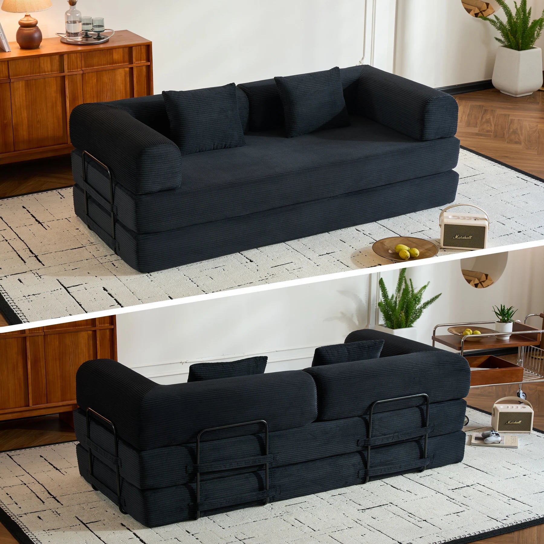 Folding Convertible Sofa Bed, Oversized Corduroy Futon Floor Couch, Boneless Loveseat for Small Spaces