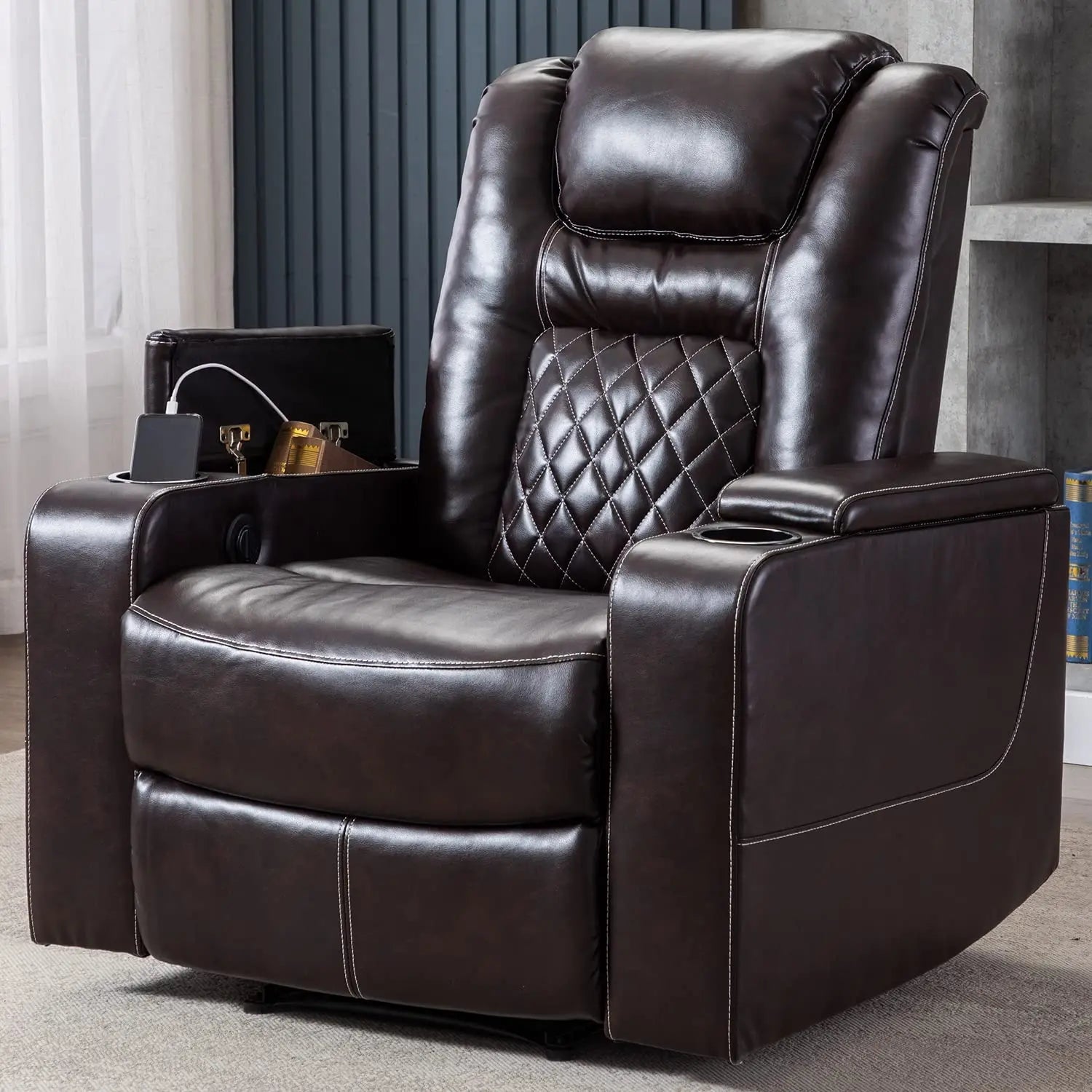 Electric Power Recliner Chair with USB Ports and Cup Holders, Breathable Leather Home Theater Seating