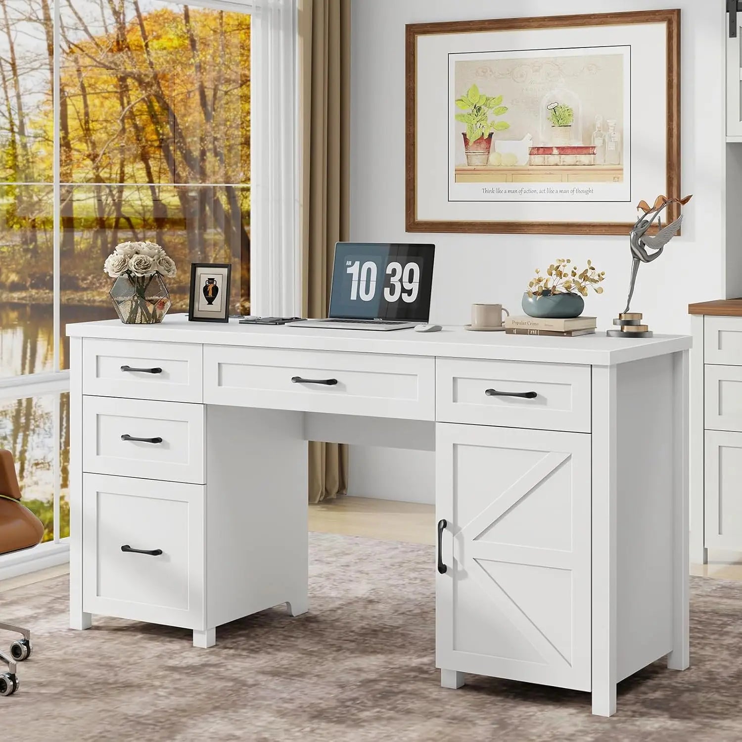 47" Farmhouse Computer Desk with Drawers and Storage Cabinet for Home Office