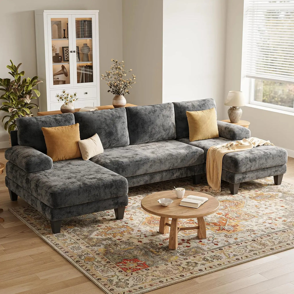 U-Shaped Sectional Couch Double Chaise Chenille Upholstery