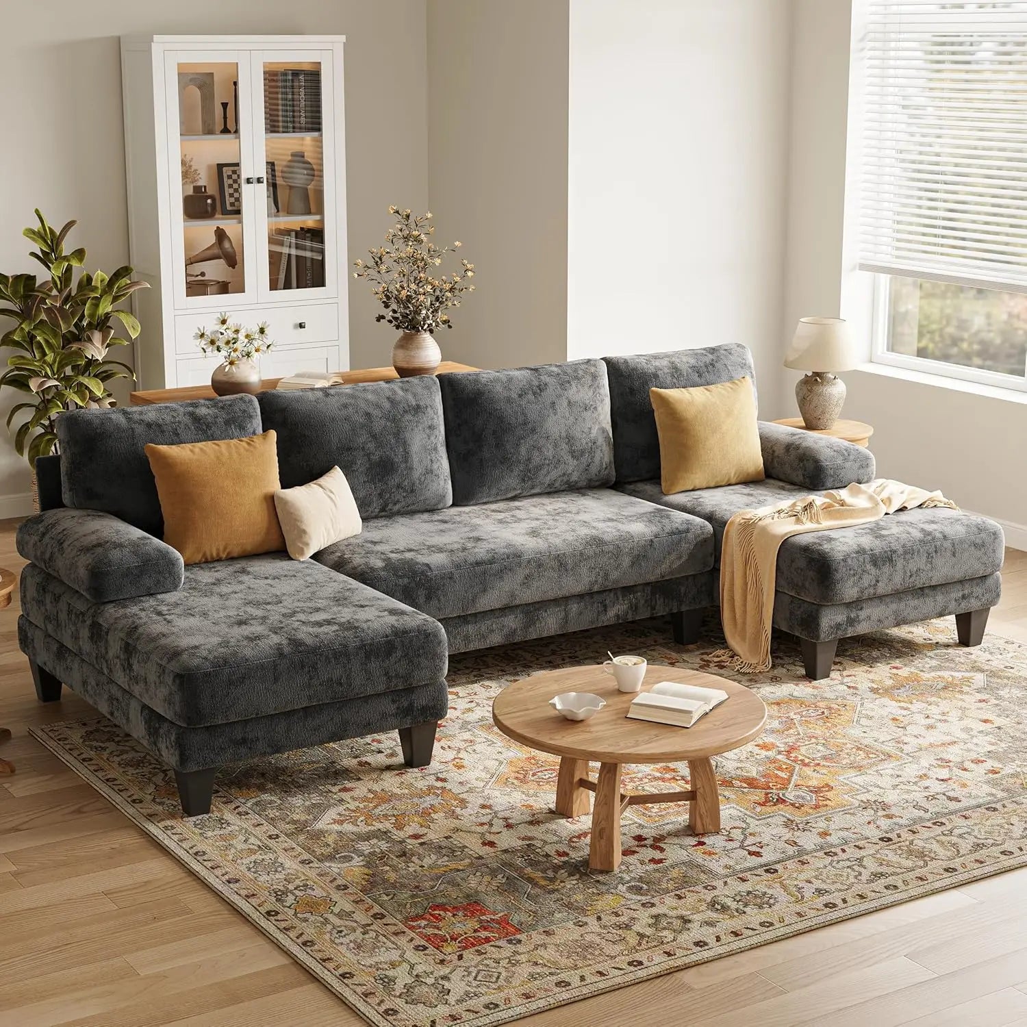 U-Shaped Sectional Couch Double Chaise Chenille Upholstery