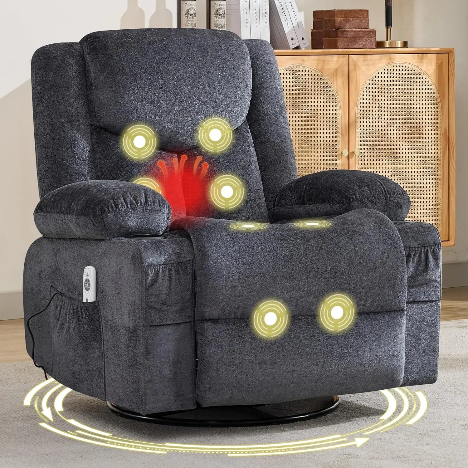 Swivel Recliner Chair w/ Massage & Heat, Rocker, Side Pocket & 2 Cup Holders