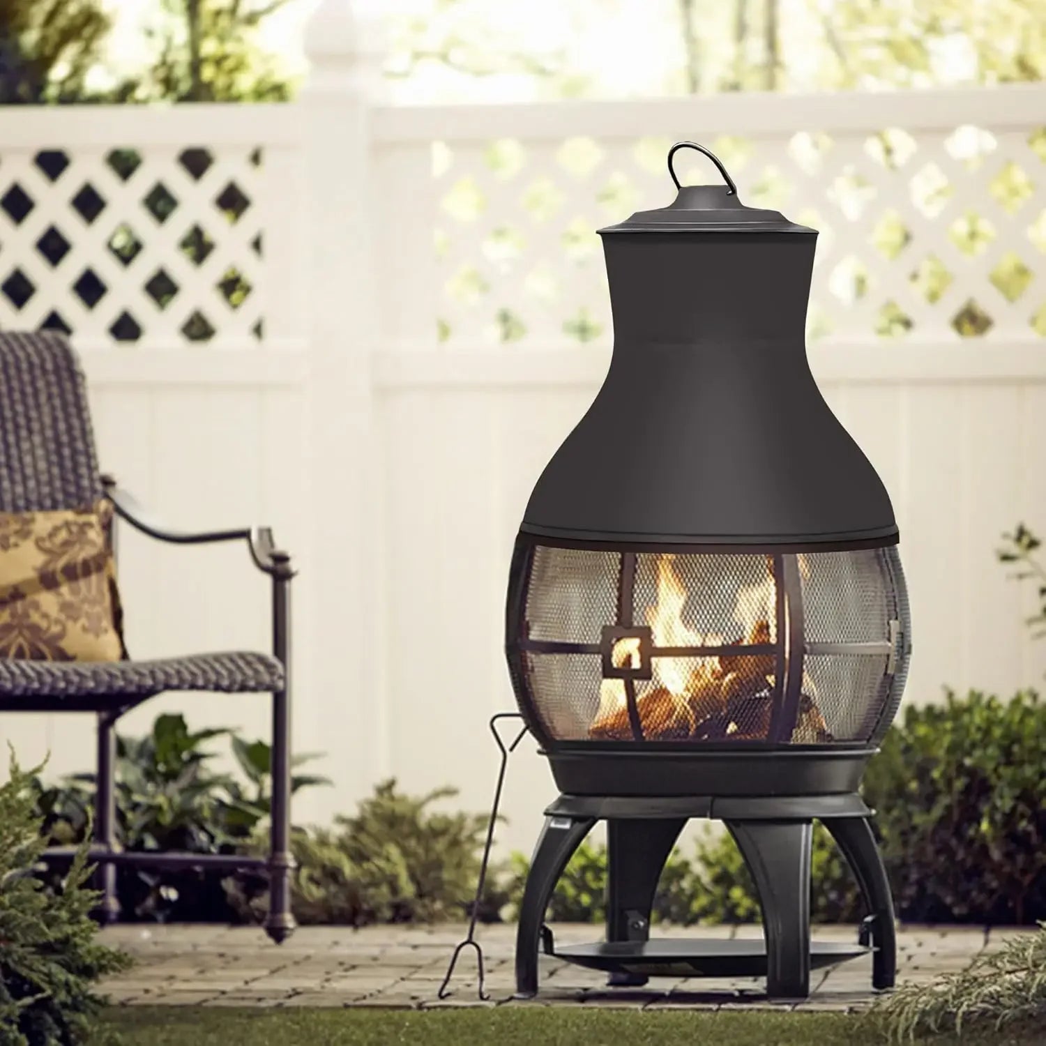 Outdoor Wood Burning Chiminea Fire Pit – 36" Rustic Patio Fireplace with Mesh Screen and Rain Cap