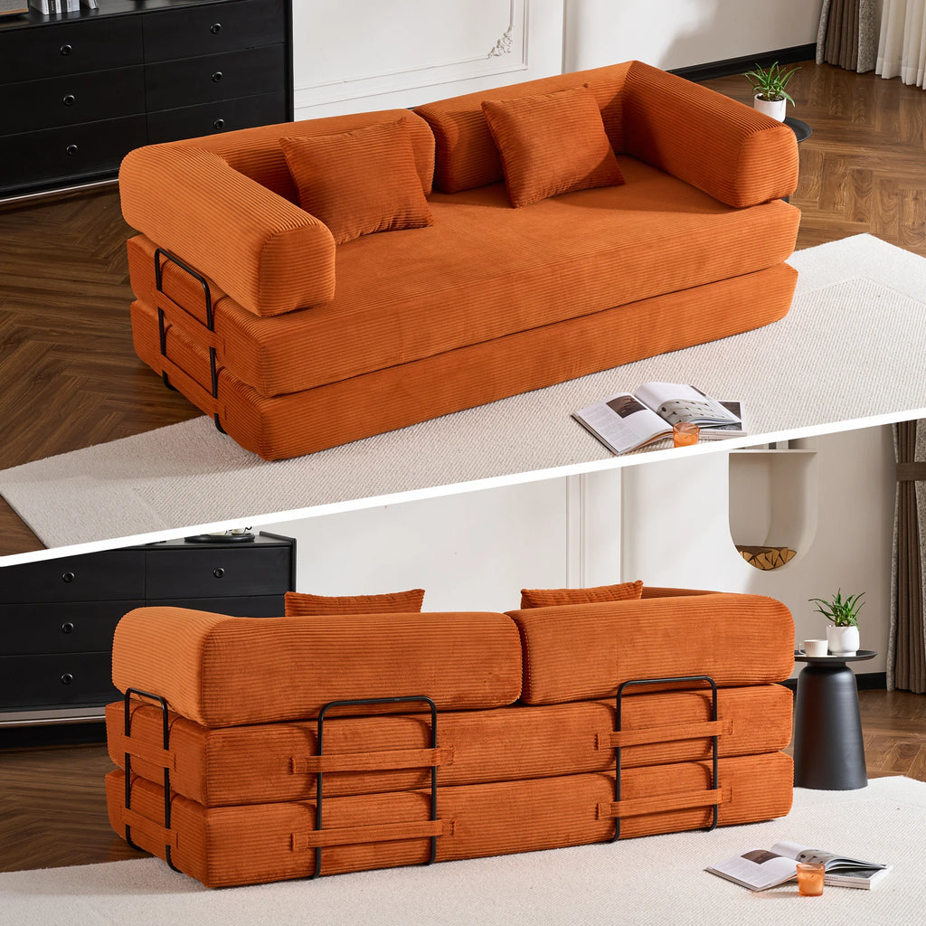 Folding Convertible Sofa Bed, Oversized Corduroy Futon Floor Couch, Boneless Loveseat for Small Spaces