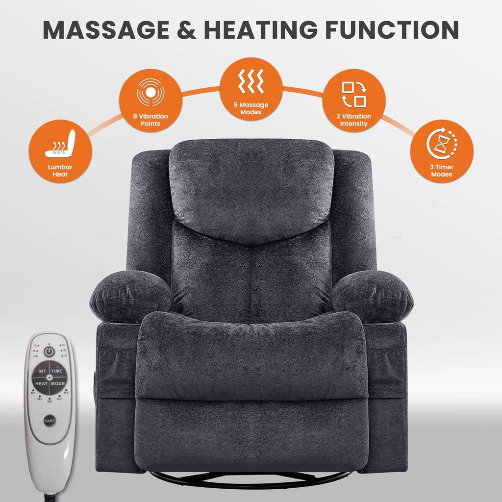 Swivel Recliner Chair w/ Massage & Heat, Rocker, Side Pocket & 2 Cup Holders