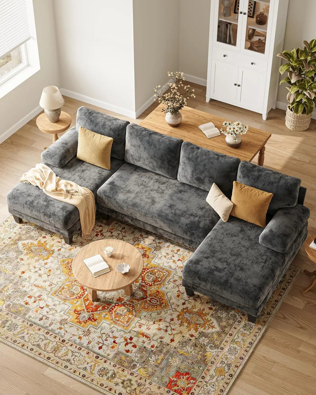 U-Shaped Sectional Couch Double Chaise Chenille Upholstery