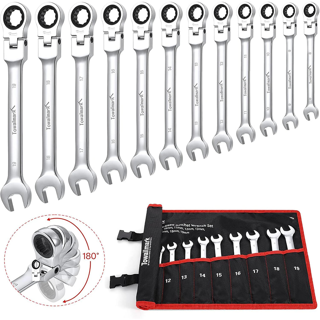 12-Piece Flex-Head Wrench Set, Ratcheting Combination Set, Metric 8-19mm