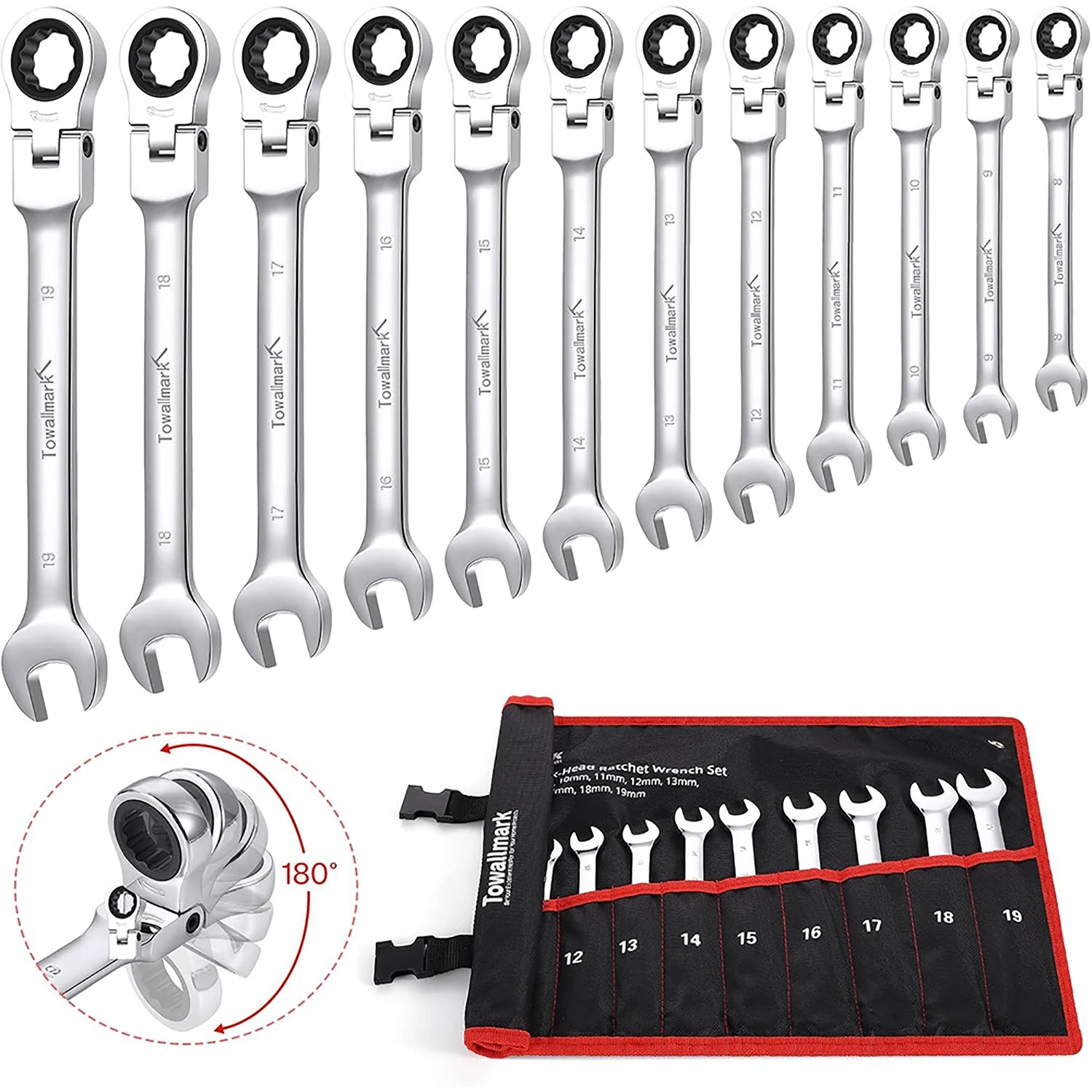12-Piece Flex-Head Wrench Set, Ratcheting Combination Set, Metric 8-19mm
