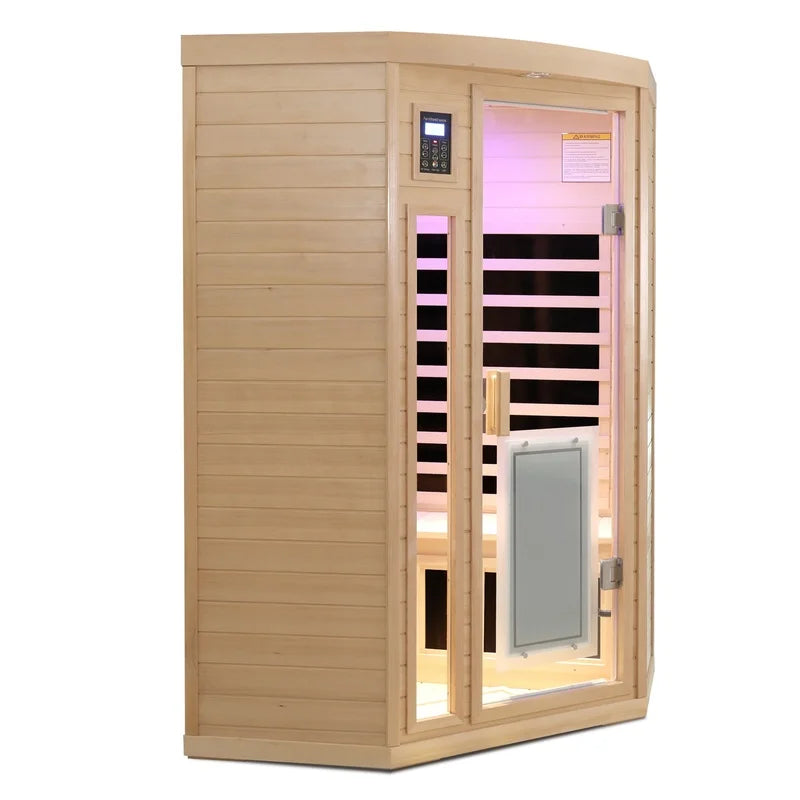 Low EMF Hemlock Wood Far-Infrared Two-Person Sauna Corner-Fit Design