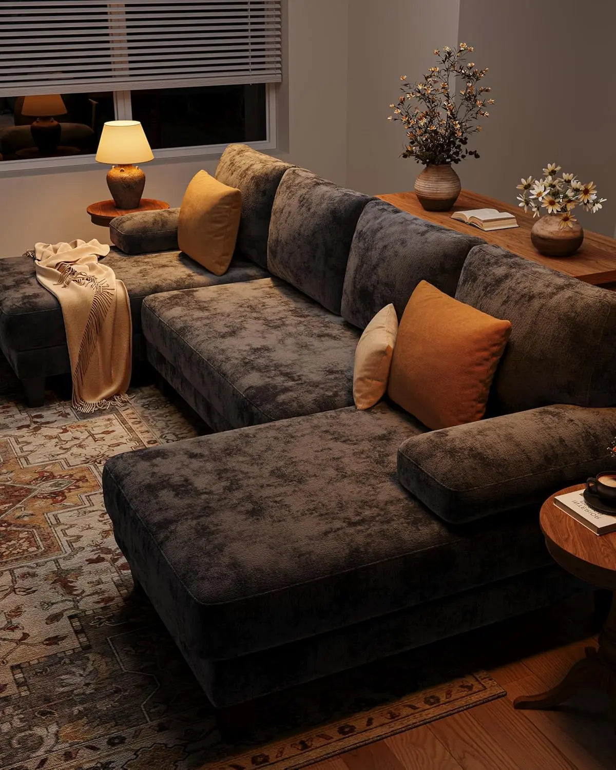 U-Shaped Sectional Couch Double Chaise Chenille Upholstery