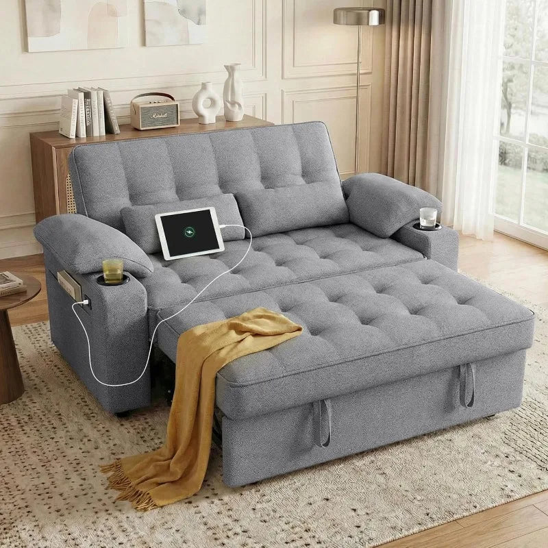 Convertible Sofa Bed with USB Charger and Cup Holders, Teddy Fabric Loveseat Pull Out Couch with Adjustable Backrest
