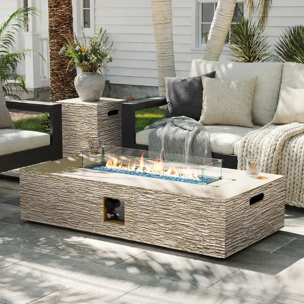 Modern 56-Inch Concrete Propane Fire Pit Table (50,000 BTU) with Hidden Tank Cover