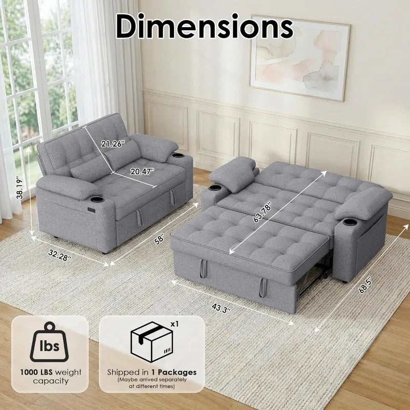 Convertible Sofa Bed with USB Charger and Cup Holders, Teddy Fabric Loveseat Pull Out Couch with Adjustable Backrest