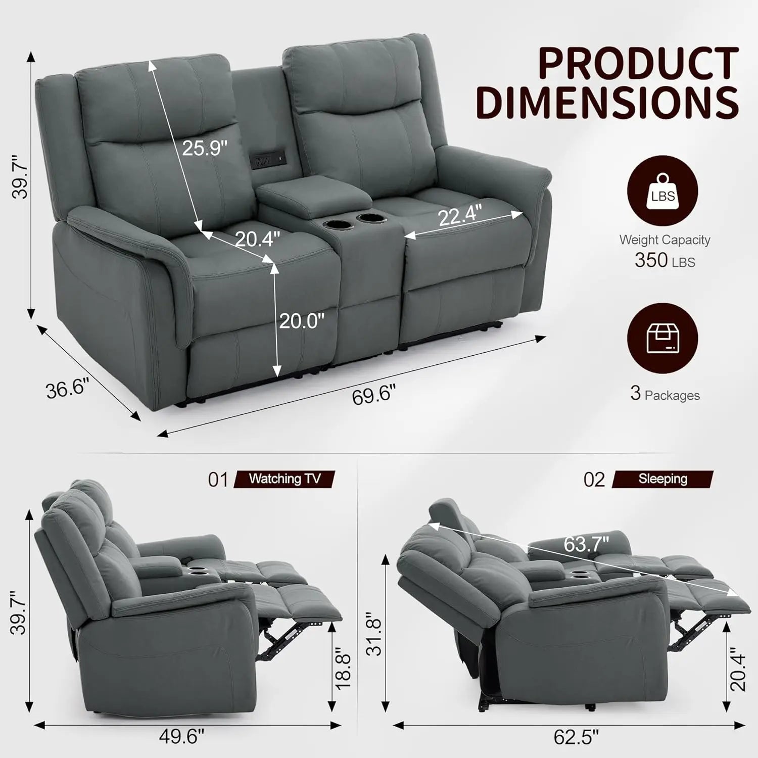 Reclining Loveseat with Console USB Port & Cup Holders 2-Seater Sofa