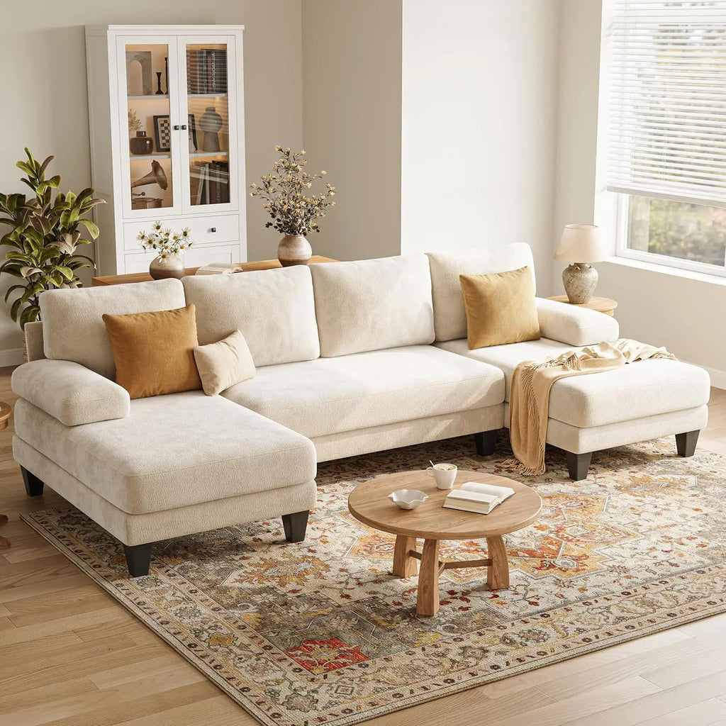 U-Shaped Sectional Couch Double Chaise Chenille Upholstery