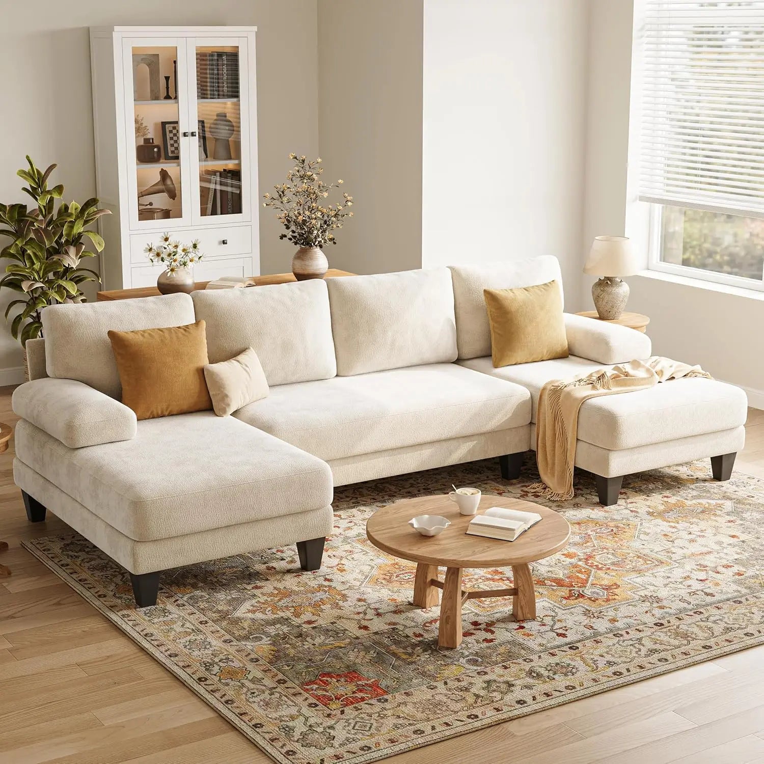 U-Shaped Sectional Couch Double Chaise Chenille Upholstery